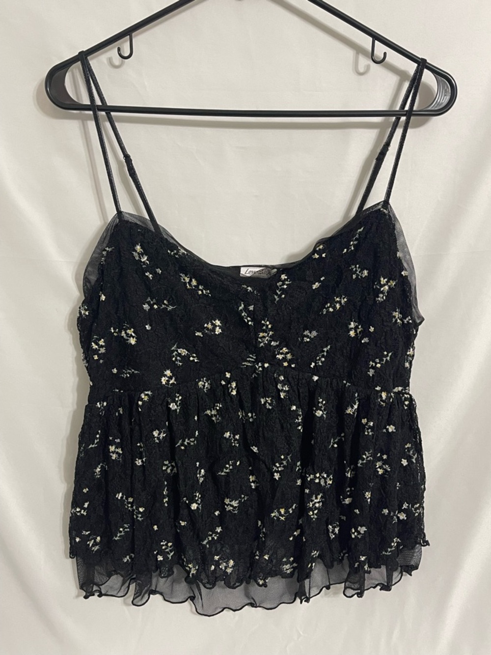 Lovesick Black Floral Lace Camisole with White Ditsy Flowers
